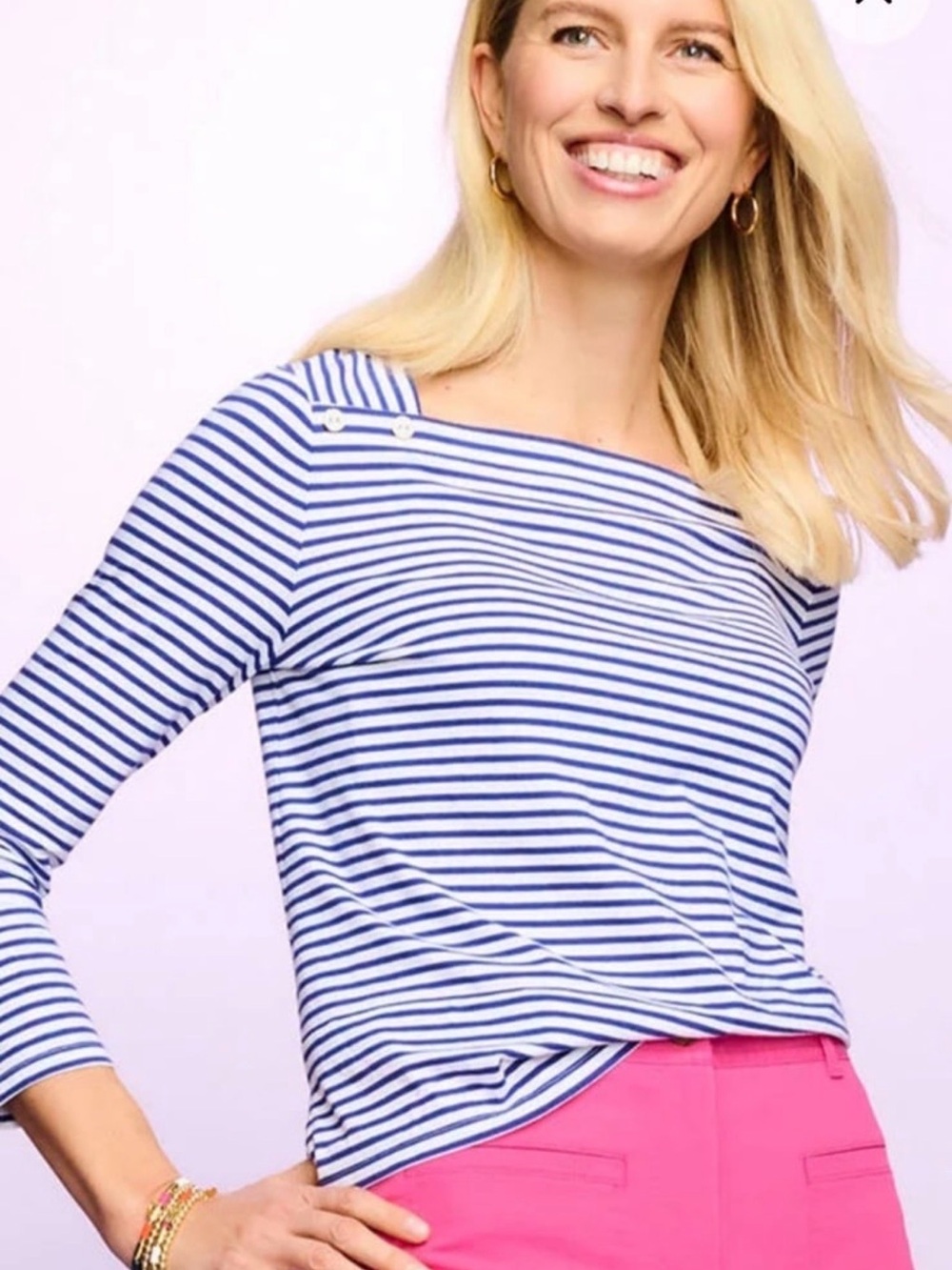 Talbots Blue and White Striped Nautical Boatneck With Buttons Top